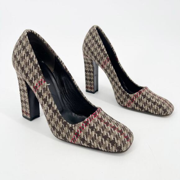 Prada Vintage IT 37 Brown Wool Houndstooth Square Toe Chunky Block Heel Pumps - Picture 1 of 11